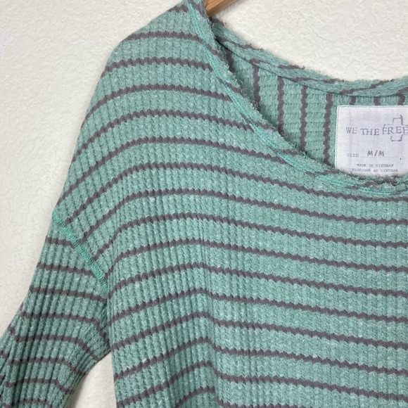 Free People Seaform Striped Knit Sweater Top Aquamarine Peplum Ruffle Hem Medium - Picture 6 of 12